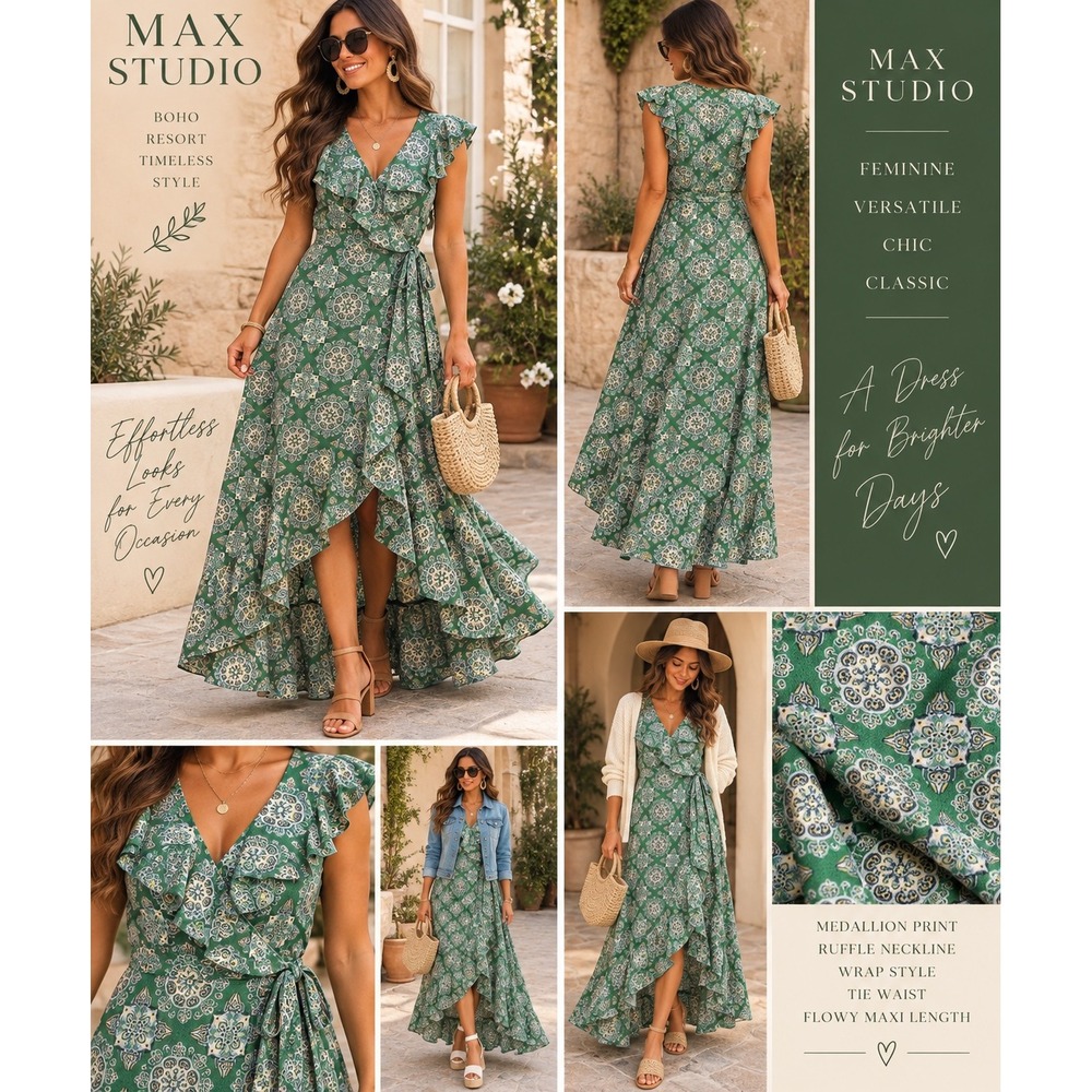 Max Studio Green Mandala Print Ruffle Faux Wrap Maxi Dress Large